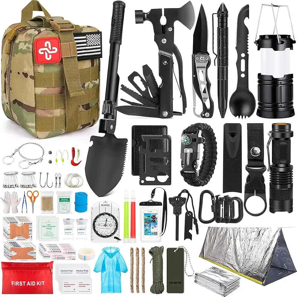 Kit de emergência multifuncional para sobrevivência na natureza com 252 peças, adequado para acampamento ao ar livre, conjunto de ferramentas de sobrevivência na natureza