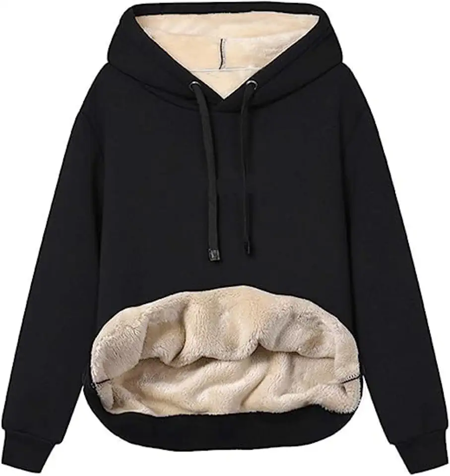 Moletom feminino com capuz forrado de lã de ovelha para o inverno, quente, térmico, casaco felpudo, casual, confortável, manga comprida