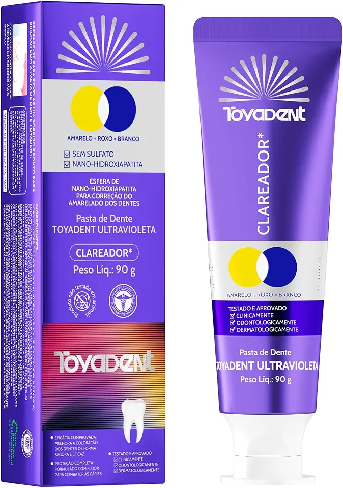 TOYADENT Pasta de Dente Roxa Clareadora 90g com Flúor, Anticáries, Remove Manchas e Ilumina, Fortalece os Dentes, Cuidado para Sensibilidade, Hálito Fresco Duradouro, 1 Unidade