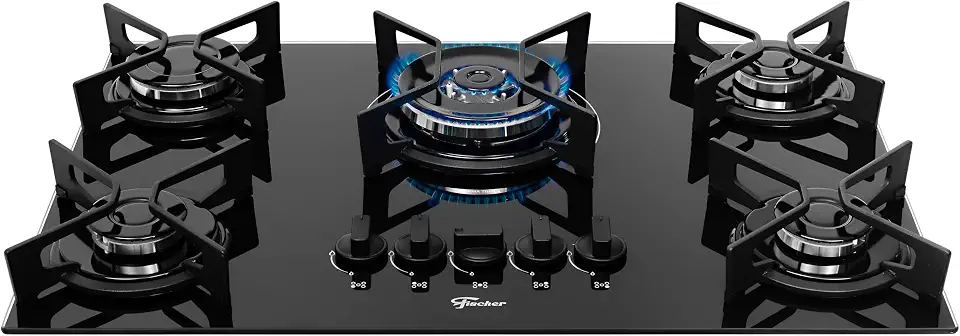FISCHER COOKTOP À GÁS 5 BOCAS TRIPLA CHAMA FIT LINE TREMPE IRON MESA VIDRO PRETO BIVOLT 36340-102674