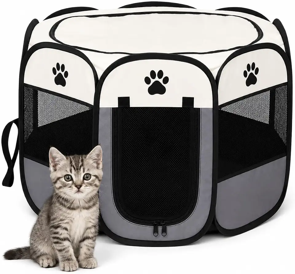 Cercado Pet Dobrável 90cm Reforçado para Cachorros e Gatos Pequenos| Cercadinho Portátil e Seguro para Filhotes | Espaçoso, Fácil de Montar e Transportar | Uso Interno e Externo | Cor Cinza