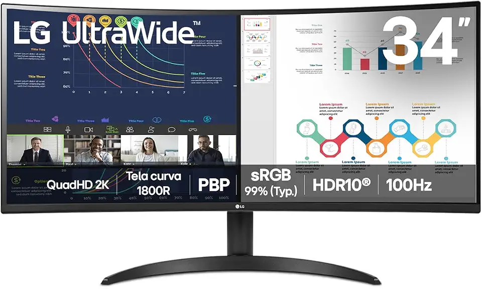 Monitor LG UltraWide™ Curvo – Tela VA de 34”, 21:9, WQHD, sRGB 99%, HDR10, 100Hz, 5ms (GTG), PBP - 34WR50QK-B