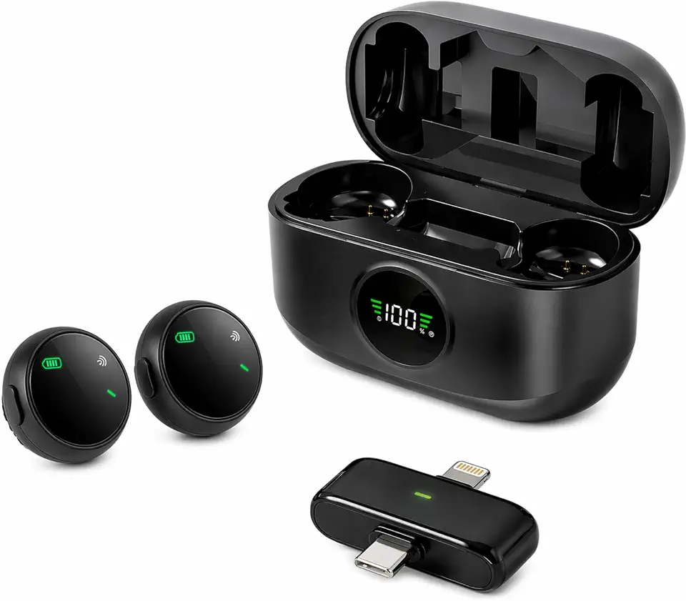 Kit 2 Microfones de Lapela Profissional Com Ímã Sem Fio, Case de Carregamento, Bluetooth, Cancelamento de Ruído,12h Tempo de Trabalho, Compatível com Camera, iPhone, Android e USB-C