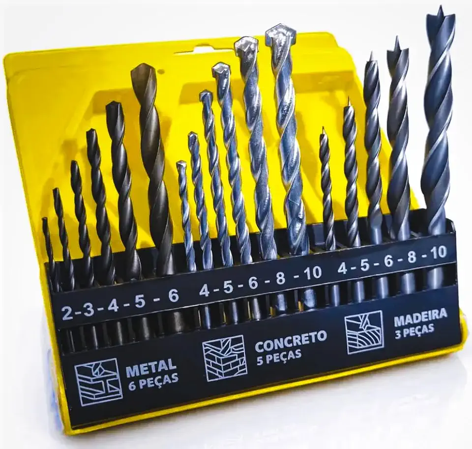 Jogo de Brocas 16 Peças com Estojo Kit Completo para Madeira Metal Concreto Ferro Aço Para furadeira e Parafusadeira Alta Durabilidade e Corte Preciso Encaixe Durável Premium