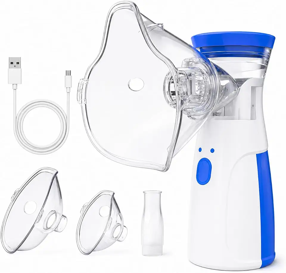 Nebulizador Inalador Portátil Ultrassônico Silencioso com Máscaras para Adultos, Crianças e Idosos, para Asma, Rinite, Sinusite, Alergias e Tratamentos Respiratórios - *Uso com o Cabo USB ou Pilha AA*