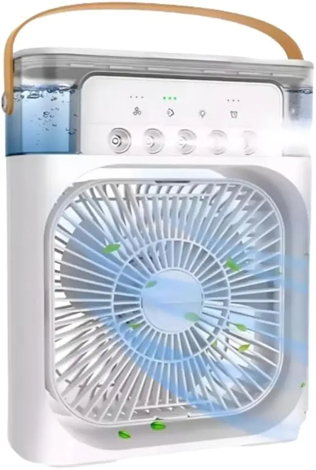 Climatizador Portatil de Mesa 4 em 1, Mini Ar Condicionado, Umidificador, LED 7 Cores, 3 Velocidades, Reservatório 600ml, Branco
