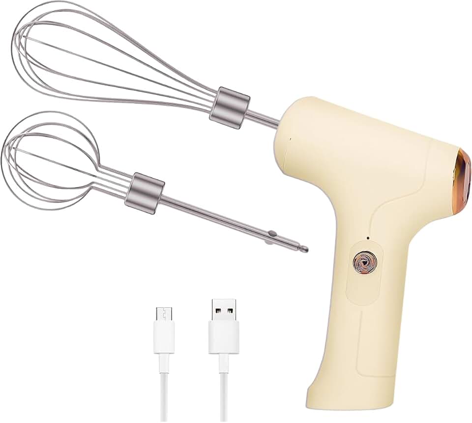 Mini Batedeira Portátil Recarregável USB C – 5 Velocidades, Silenciosa, com 2 Batedores Inox, Fácil, Compacta e Sem Fio