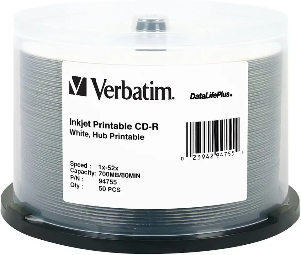 Verbatim Cd-R 700Mb 52X Datalifeplus White Tintajet Imprimível, Hub Imprimível - 50Pk Fuso - 94755 Branco 50 Discos