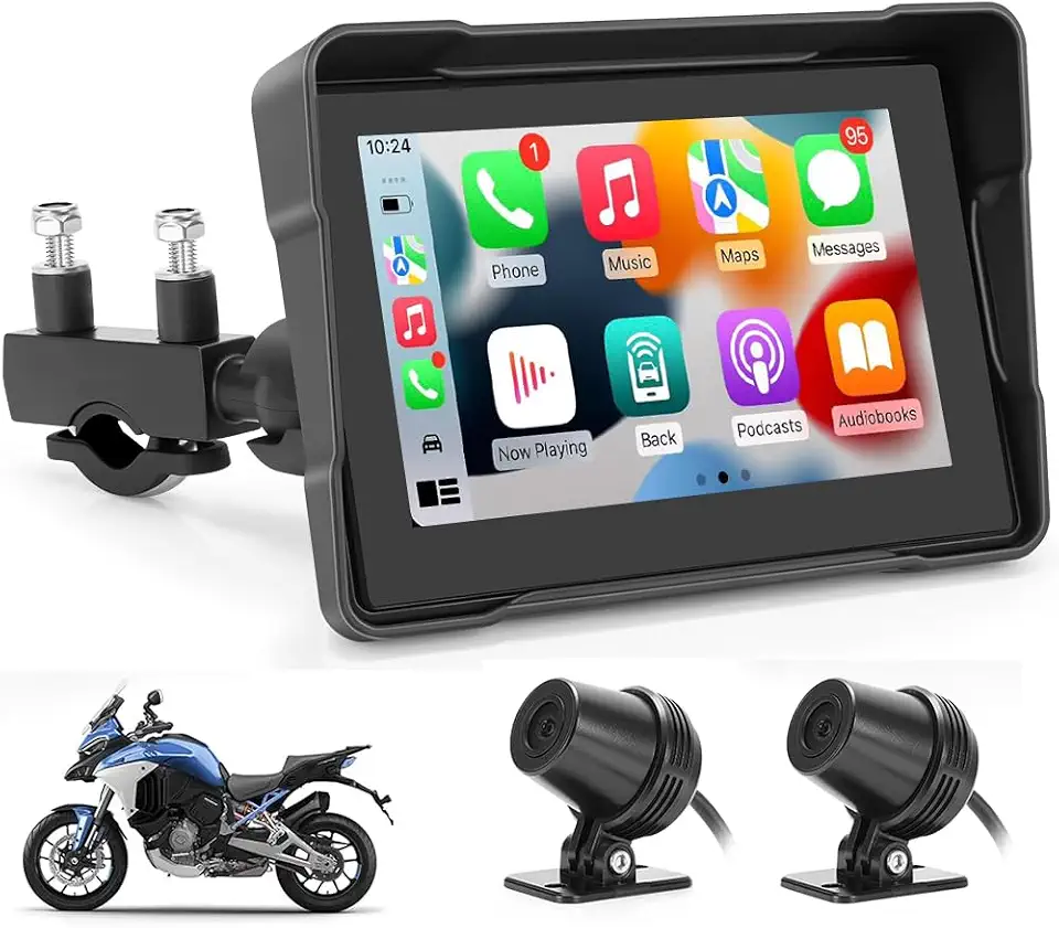 Tela Multimídia para Motocicleta com 2 Câmeras, GPS Moto com Tela 5" IPS 1080P, Espelhamento sem Fio e Controle por Voz, Multimídia Para Moto IPX5
