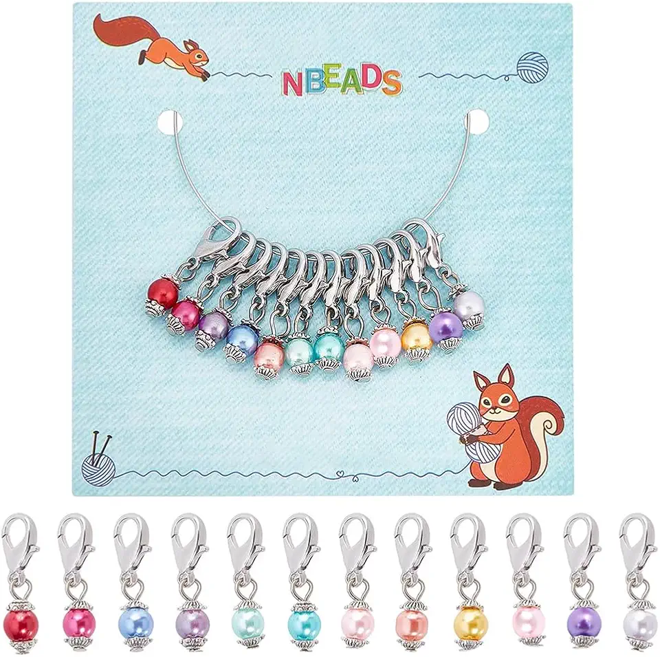 NBEADS 12 peças de marcadores de ponto de pérola de vidro, pingentes de crochê de liga esmaltada, marcador de ponto de bloqueio para tricô, acessórios de costura, acolchoados, fabricação de joias