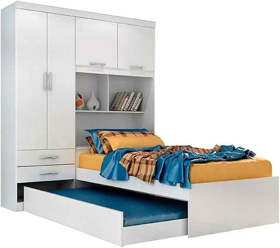 Guarda Roupa Solteiro com Bicama e Bau 4 Portas 2 Gavetas Milena ACP Móveis Branco