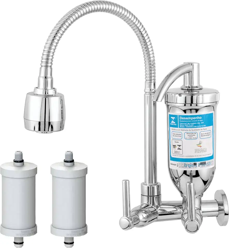 Torneira Gourmet com Filtro de Água Pia de Cozinha Bica Flexível 2 Jatos + 1 Refil de Filtro Vela Extra