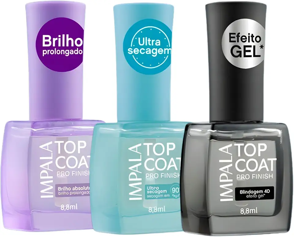 Kit Esmalte Top Coat Impala Pro Finish Brilho Ultra Secagem 90s Efeito Gel Blindagem 4D (Kit 3 Bases Completo)