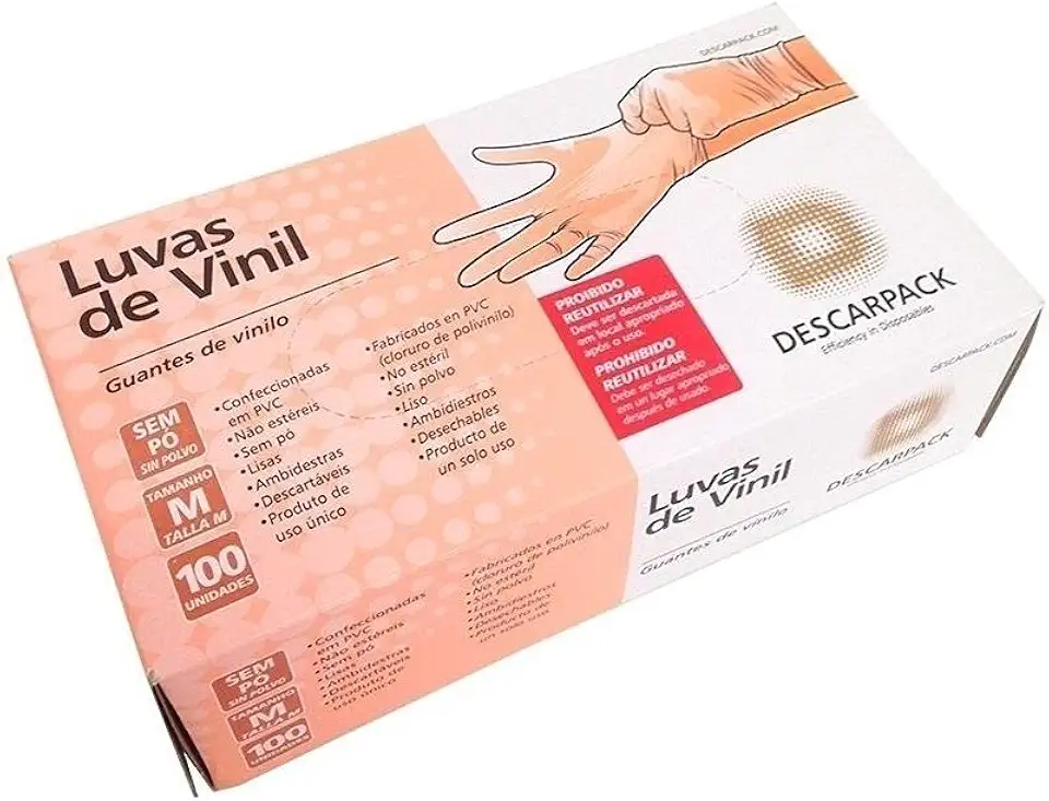 Luva de Vinil Sem Pó Tamanho M Descarpack - Caixa com 100 Unidades