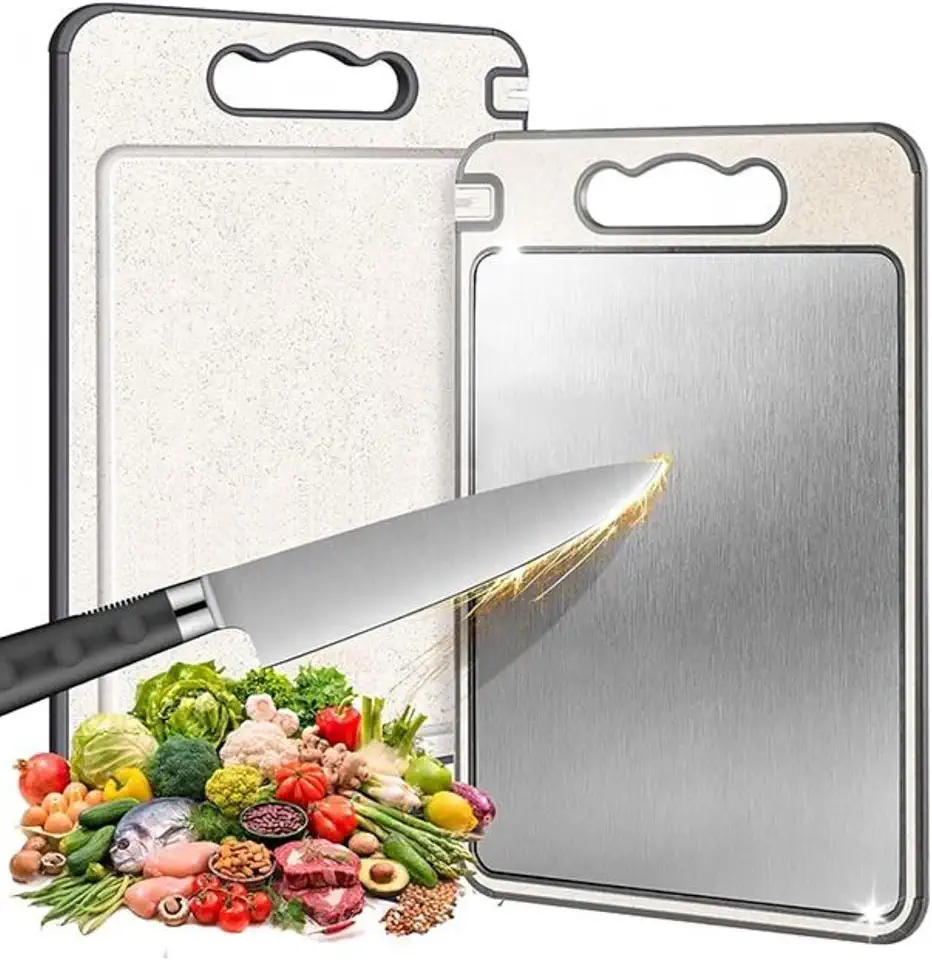 Tábua de Corte Inox Cozinha Dupla Face Aço Inoxidável e PP, Superfície Higiênica para Carnes, Frutas e Vegetais, Afiador Integrado Base Antiderrapante e Alça Ergonômica Premium