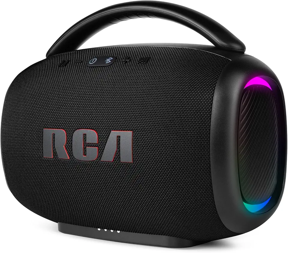 Caixa de Som Bluetooth RCA RS-FR213 120W – Alto-Falante com Luzes LED Sincronizadas, 4 Modos Ritmo Música,Rádio FM/USB/AUX, Bateria 8h, Alça de Transporte – Ideal para Festas e Uso Doméstico
