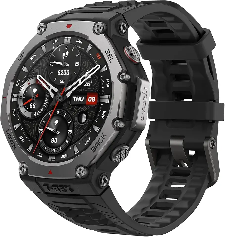 Amazfit T-Rex 3 Relógio Inteligente Robusto/Militar 48mm, GPS (com Privacidade), Mapas Offline, Longa Vida da Bateria,328 Pés Resistente à Água, 170 Modos de Fitness/Desporto (Black)