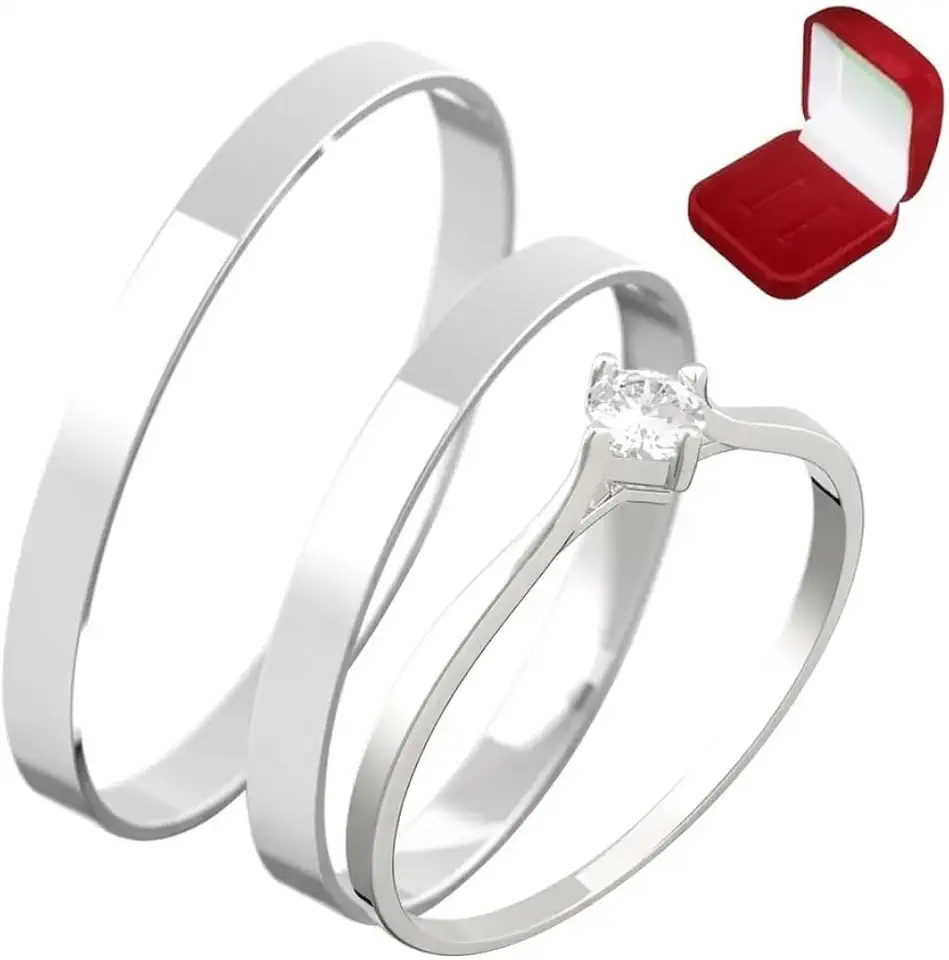 Alianças Italianas Par Aço Inox Prata Namoro Compromisso com Caixa de Veludo e Anel Solitário Bella Bijoux Deluxe