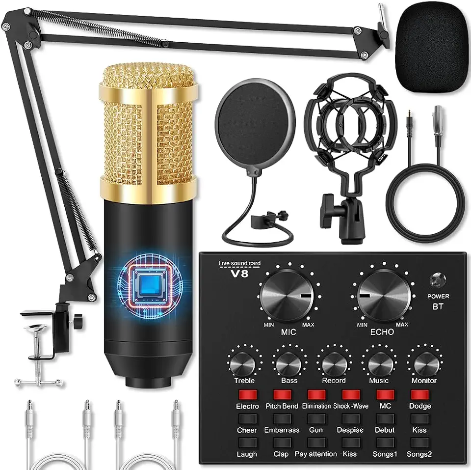 Kit Microfone Estúdio, Kit Completo Interface Mesa V8S, Microfone Estúdio Profissional Condensador, BM800 Microfone Com Braço Articulado Locução Live Stream