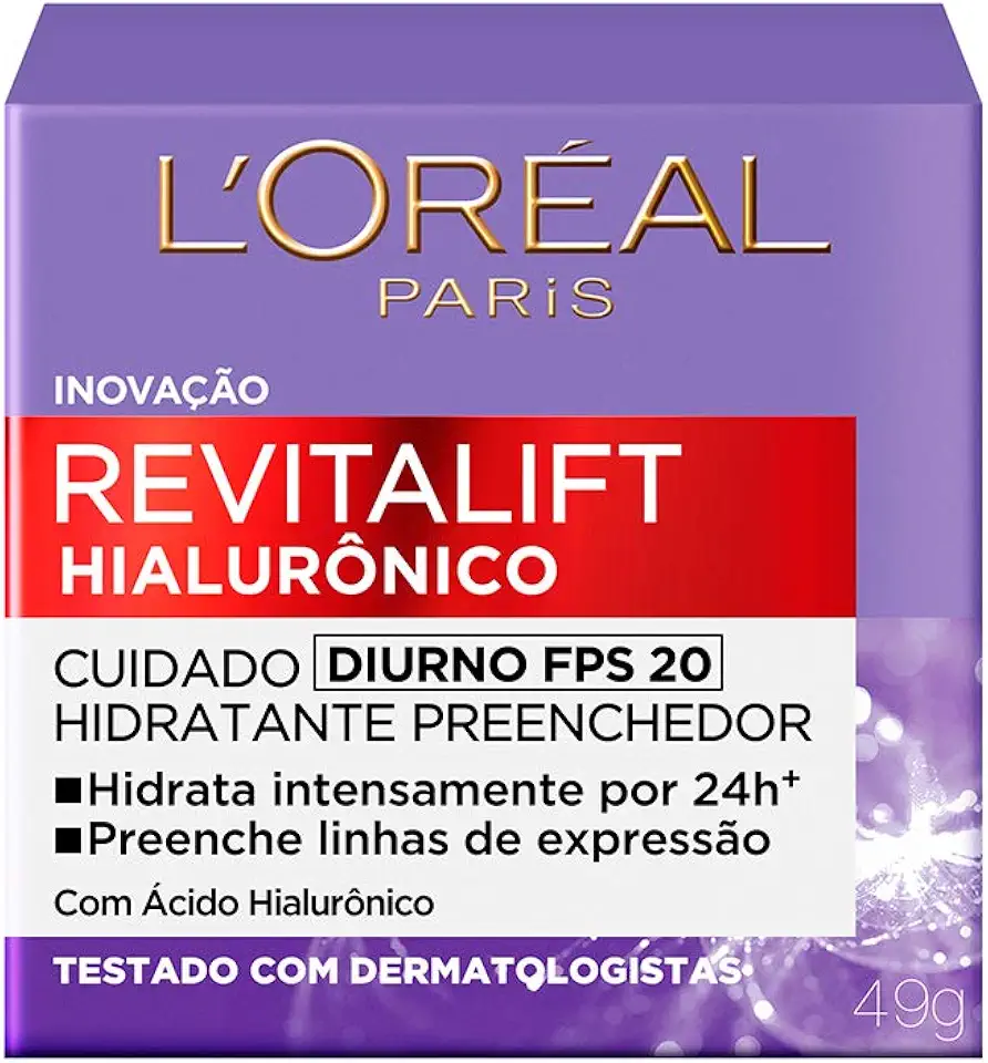 L'Oréal Paris Revitalift Hialurônico Creme Hidratante Facial Antirugas Diurno, Reduz Linhas Finas, Uniformiza a Pele, Melhora a Textura e Firmeza, 49g