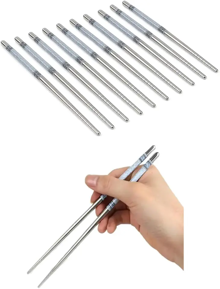Kit com 5 pares de hashi (10 palitos) - Pauzinhos de cozinha de inox, hashis longos, macarrão, hashis de cozinha para frigideira, cozinha, noodles, comida japonesa, comida chinesa