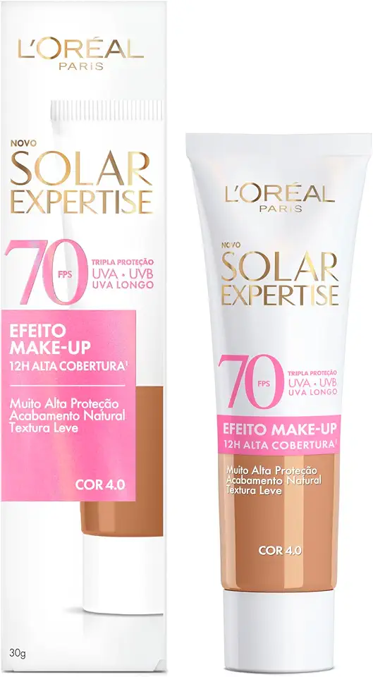L'Oréal Paris Solar Expertise Efeito Makeup FPS 70, Protetor Solar Facial com Cor e Alta Cobertura de Base por 12H, Previne Rugas e Manchas, Cor 4.0, 40g