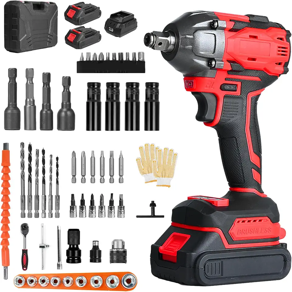 Trailabo Chave de Impacto Elétrica 48V com 2 Bateria, 55 Peças, Alta Velocidade Até 3000 RPM, Furadeira de Impacto Multiuso de 600N com Cabo de Borracha e Carregador, Parafusadeira e Furadeira