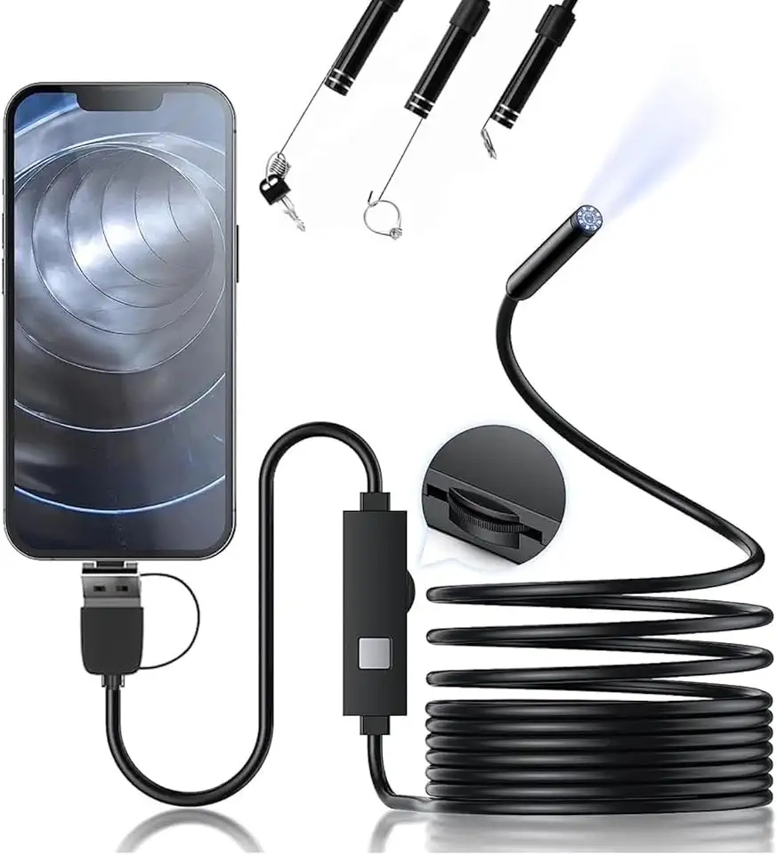 Câmera Endoscópica USB 2m, 6 LEDs, Prova d'água IP67, com Adaptadores Tipo-C/Micro USB, Gancho e Imã, 640x480, para Android/Windows/Linux