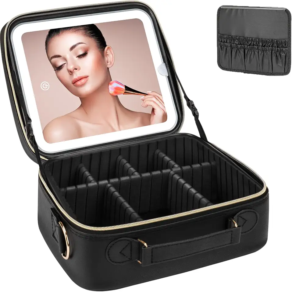 Organizador de Maquiagem com Espelho de LED, [3 Cores e Dimmable Contínuo] Luz de LED Recarregável para Bolsa de Maquiagem com Organizador de Pincéis, Bolsa de Cosméticos de Viagem para Mulheres Preto