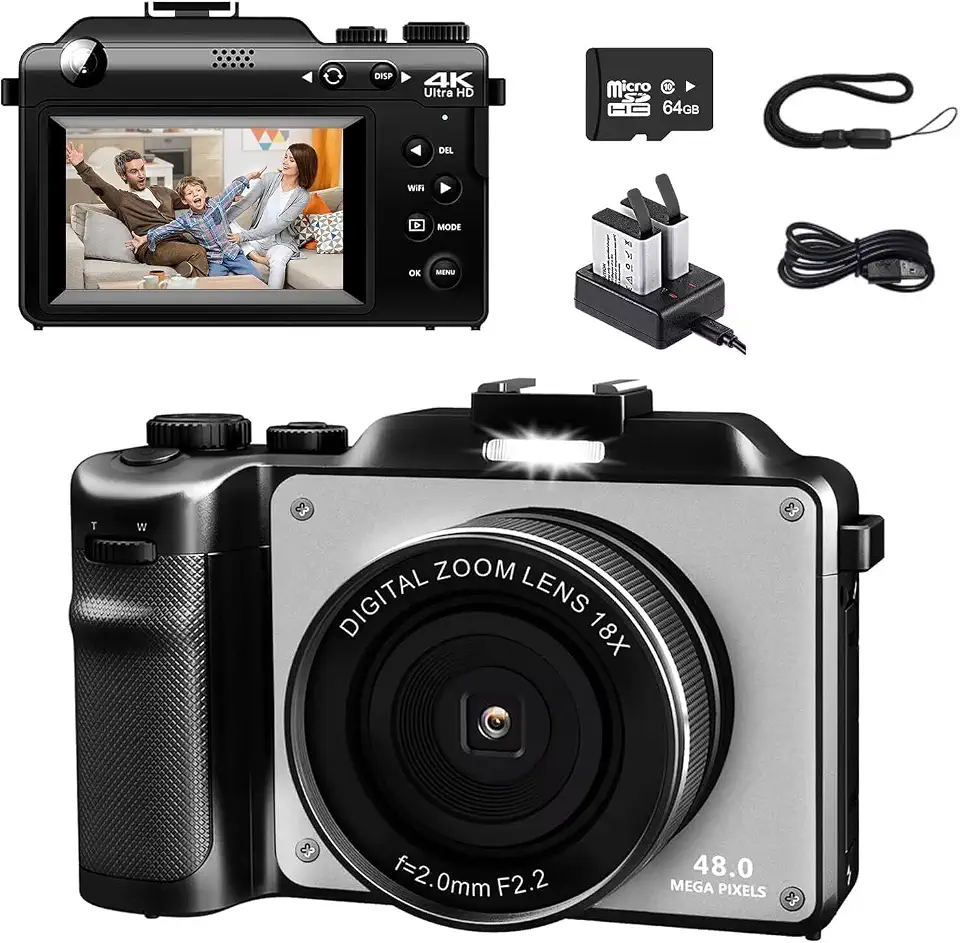 Câmera Digital 4K para Fotografia, 64 MP, Vlogging para YouTube, Tela LCD 3", Zoom Digital 18x, Antirvibração, Cartão TF 64 GB, Câmeras Digitais Compactas para Viagens/Adolescentes