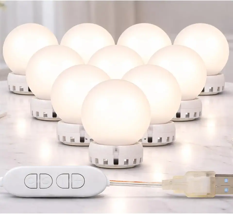 Luzes LED Para Espelho, Luzes De Penteadeira Fixam-se Com 10 Lâmpadas Reguláveis, 3000K 4000K 6500K e 10 Níveis De Brilho Ajustáveis, cabo USB, Luzes Camarim, Acabamento Premium