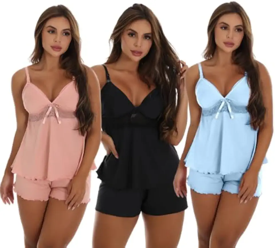 Kit com 3 Pijamas Baby Doll Amamentação Fecho Click Abre Fácil Para Maternidade Pós Parto Grávida Gestante Mamãe