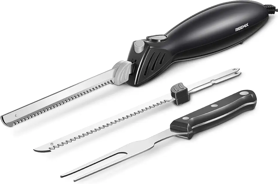 Reemix Faca elétrica, conjunto de facas elétricas Z3042 para esculpir carnes, aves, pão, espuma de artesanato e muito mais, 2 lâminas para carnes e pão, garfo incluído (preto)