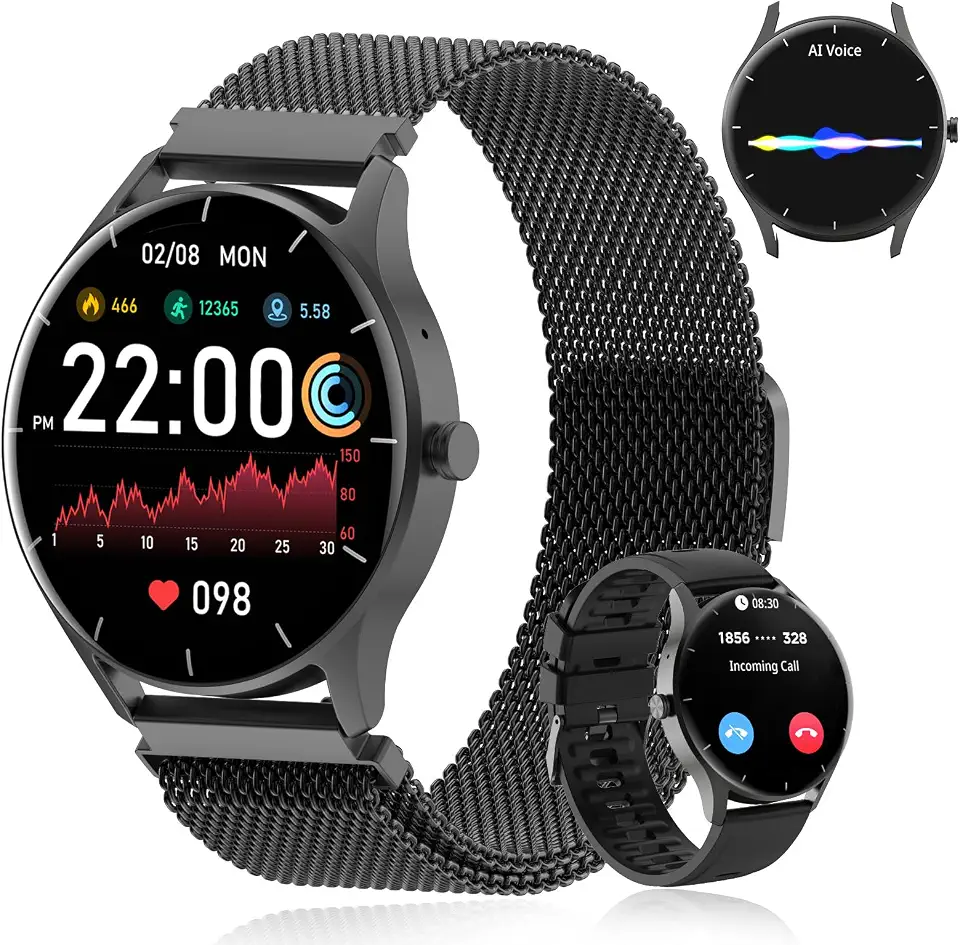 Smartwatch PEJE ZW02 com Pulseira Extra, Tela HD Touch 1.28", Chamadas Bluetooth, IP68, 123+ Modos Esportivos, Bateria 5-7 Dias, Compatível com Android e iOS, Preto com Fecho Magnético