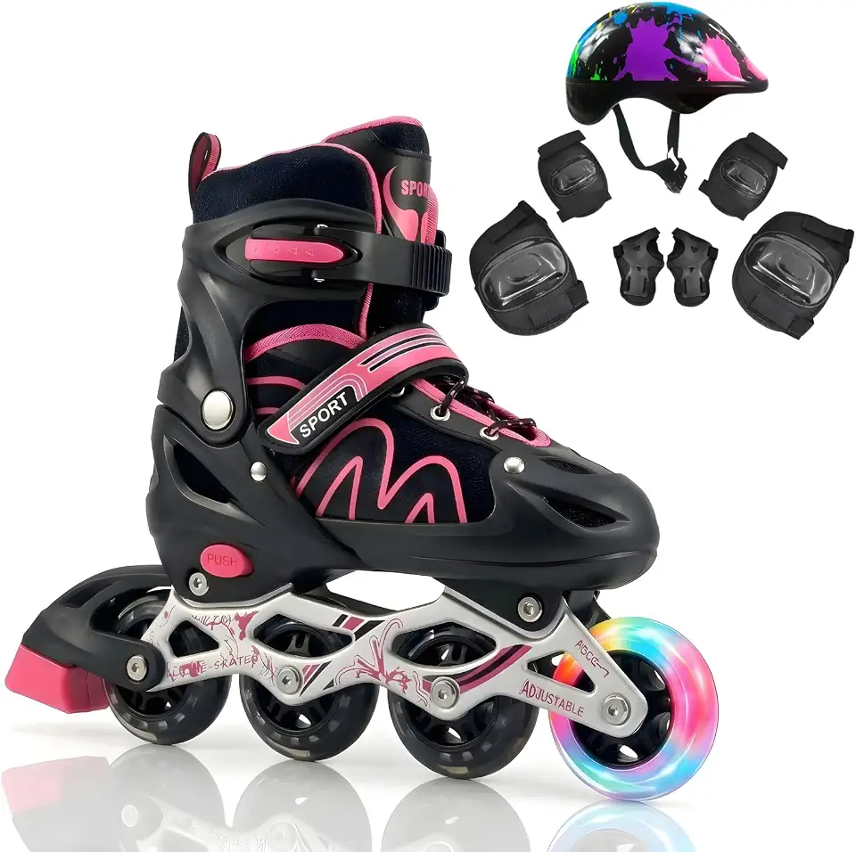 Patins Inline Ajustável 4 Rodas com Kit de Proteção, Capacete e Rodas com Luz LED, para Iniciantes, Uso Interno e Externo