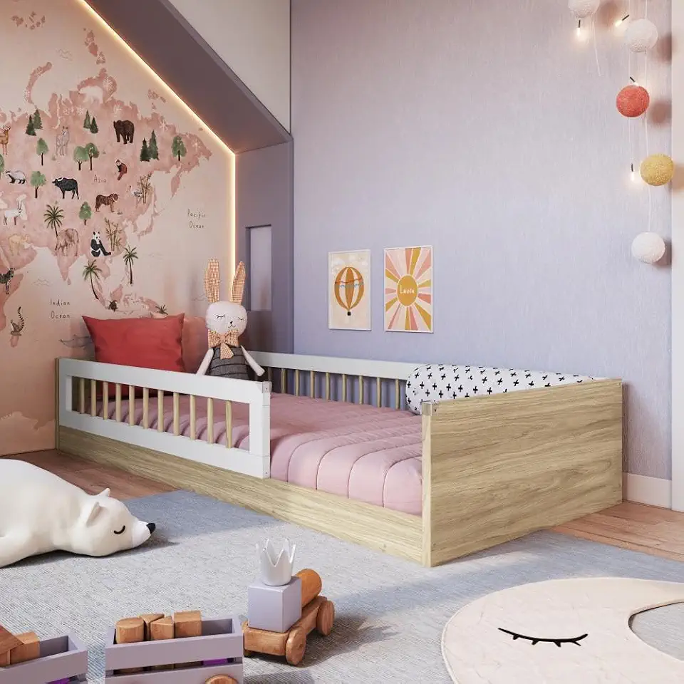 Cama Infantil de Chão Montessoriana de Solteiro para Menino e Menina com Grade de Proteção Lateral
