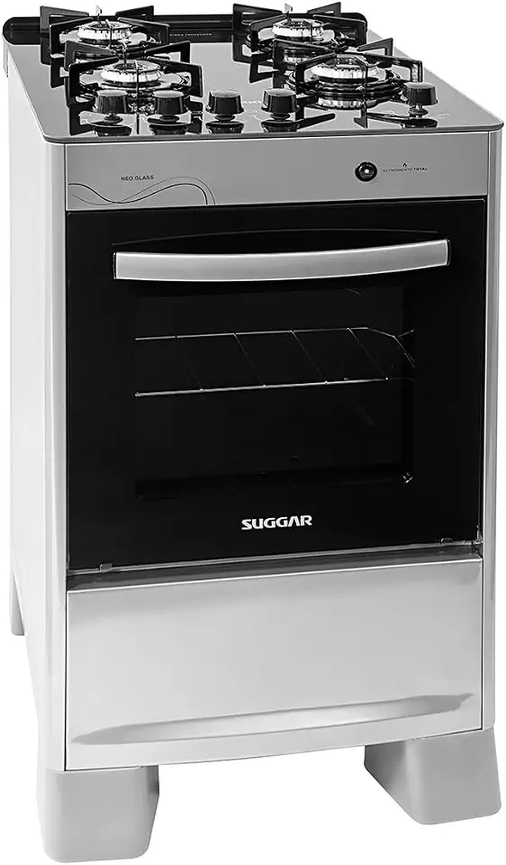 SUGGAR FOGÃO NEO GLASS PRATA MESA DE VIDRO 4 BOCAS TREMPE 6 APOIOS ACENDIMENTO AUTOMÁTICO FGVNG410PRIX