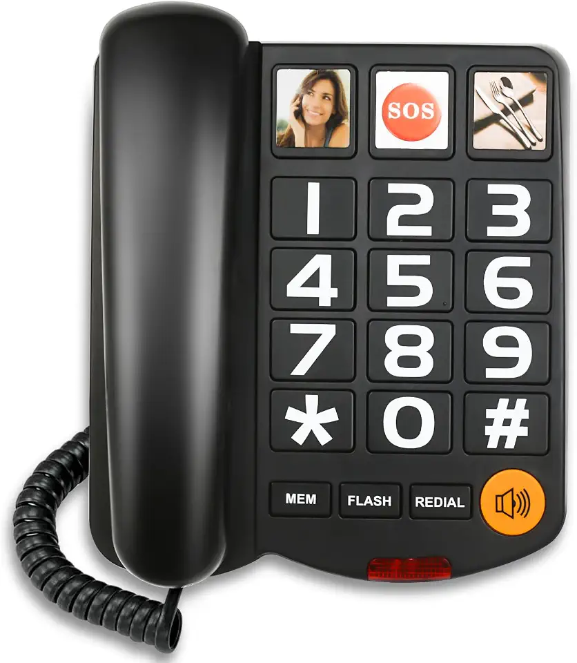 Telefone fixo Sangyn com fio grande para idosos com botão grande de controle de volume e discagem com um toque para deficientes visuais amplificados para deficientes auditivos