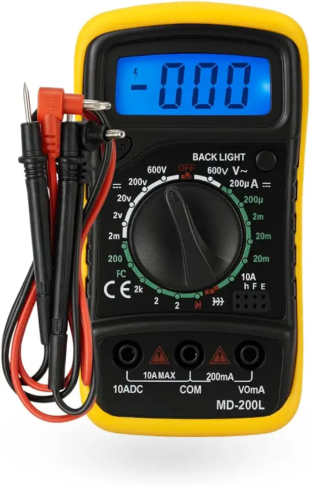 Multímetro Digital Profissional Portátil com Visor Iluminado – Medição de Tensão, Corrente, Resistência e Continuidade – Display LCD, Auto Range e Suporte Integrado