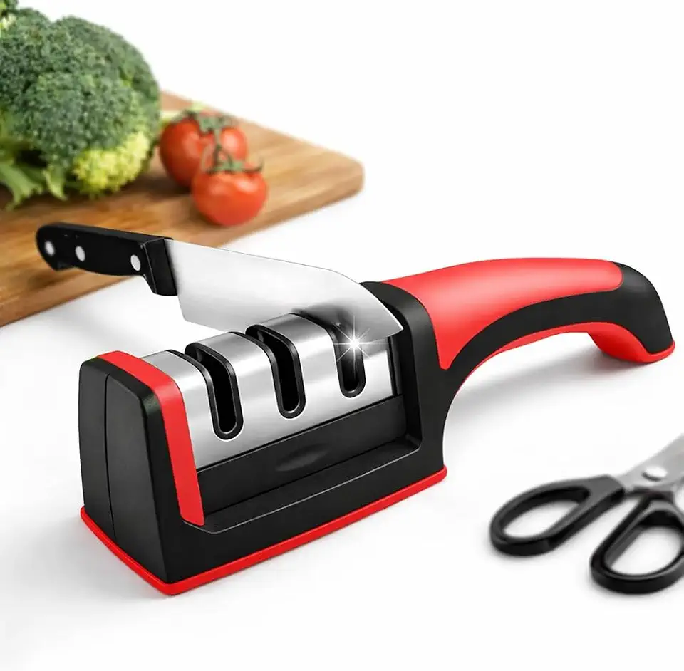 Afiador de Facas e Tesouras 3 em 1 Profissional, Amolador Manual com 3 Estágios, Cabo Ergonômico, Base Antiderrapante e Aço Inox Durável