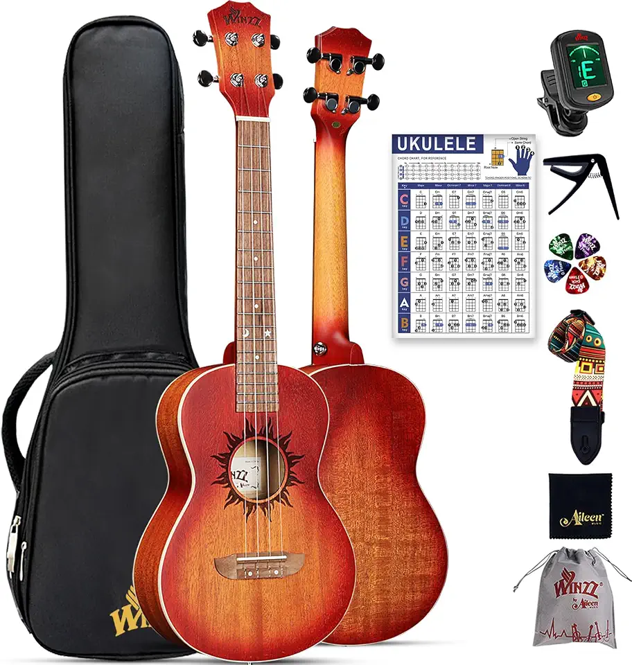 Winzz Conjunto iniciante de ukulele tenor para adultos, kit inicial de ukelele de mogno de 66 cm com gráfico de acordes e capo, presentes de design exclusivo