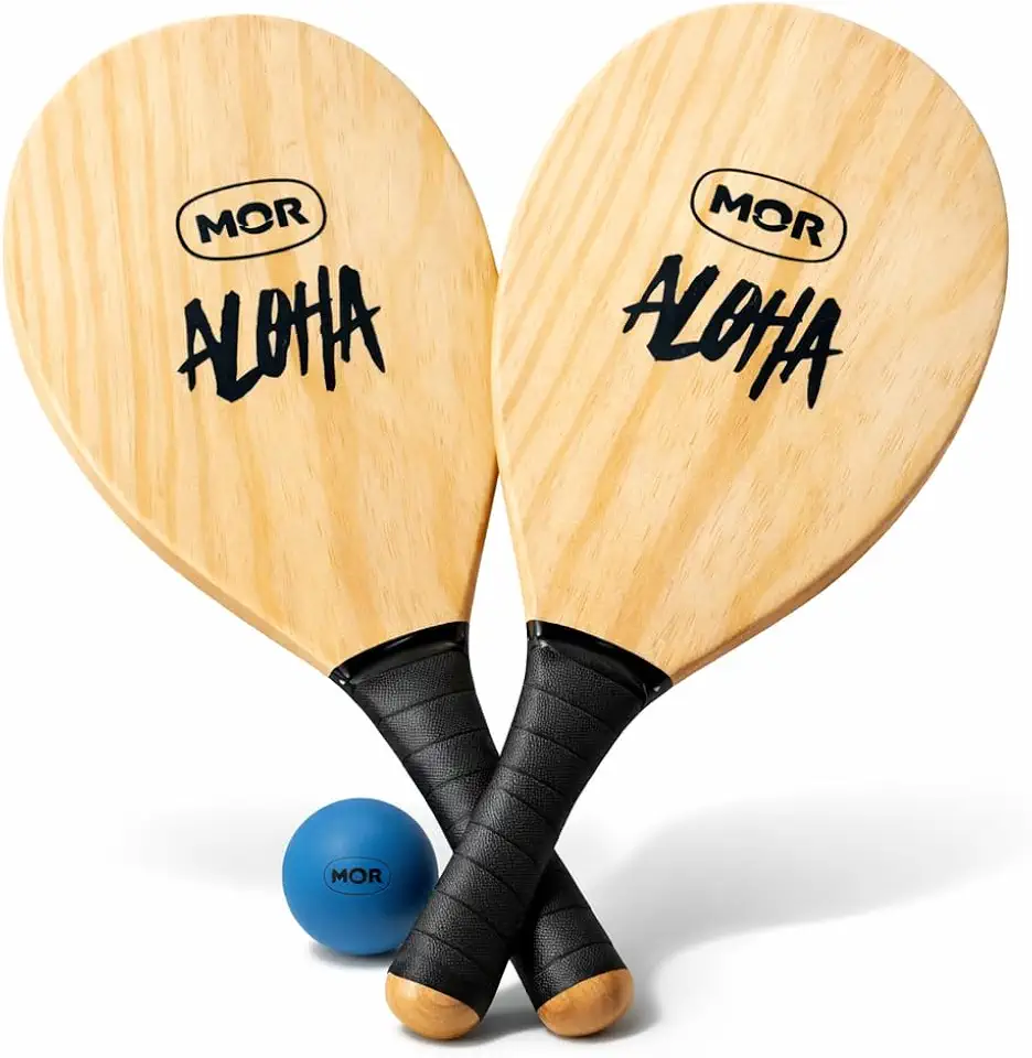 Kit Raquete Frescobol Madeira 39cm MOR Aloha com Bola | Raquete de Praia Profissional Cabo Antiderrapante