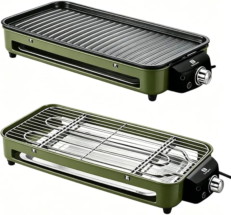 Versátil Churrasqueira Elétrica Portátil 127V Verde Ferro Inox 1500W Alta Potência Desmontável Fácil Limpeza Pouca Fumaça Controle de Temperatura Ótimo Para Casa e Acampamento