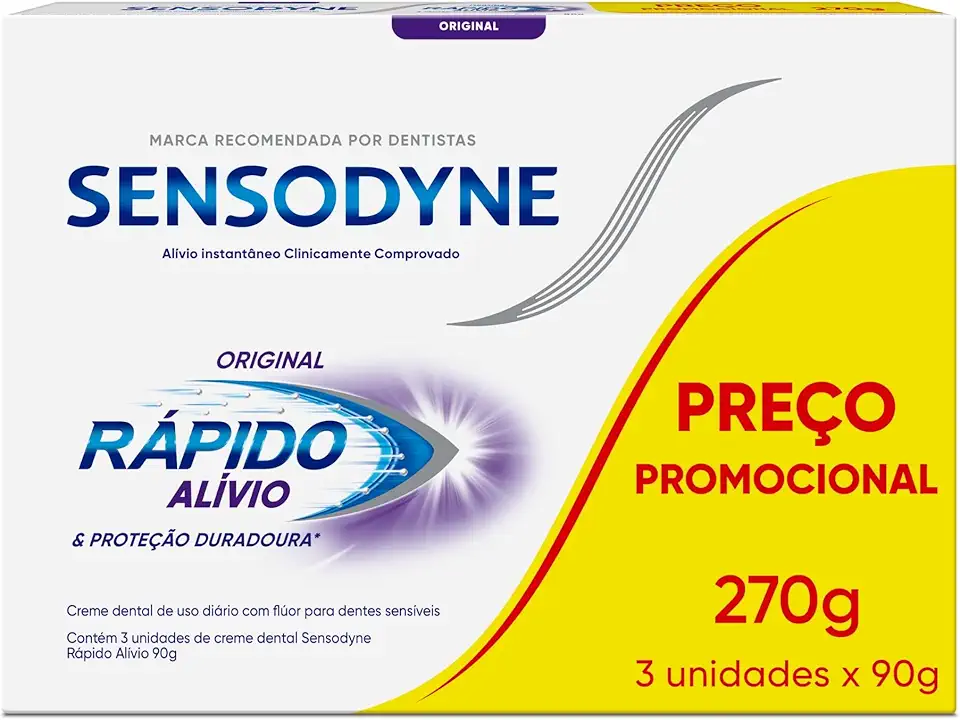 Sensodyne Creme Dental para Sensibilidade Rápido Alívio e Proteção Duradoura com Flúor, Leve 3 e Pague 2, Alívio Instantâneo, 90g cada