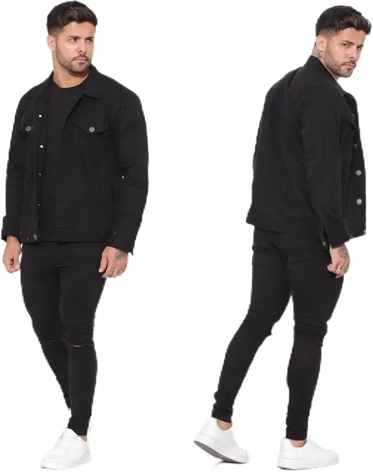 Jaqueta Jeans Masculina Preta Casual com Bolsos e Fechamento em Botão