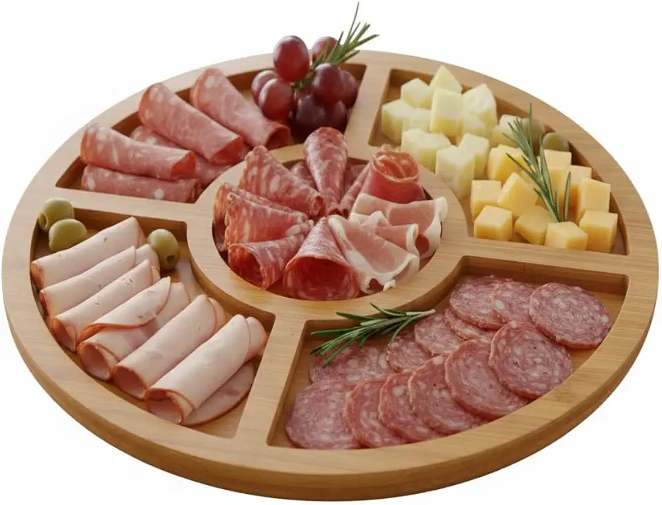 Petisqueira Redonda de Madeira MDF 29cm com 5 Divisórias Tipo Gamela para Petiscos Frios Queijos Molhos Mesa Posta Churrasco