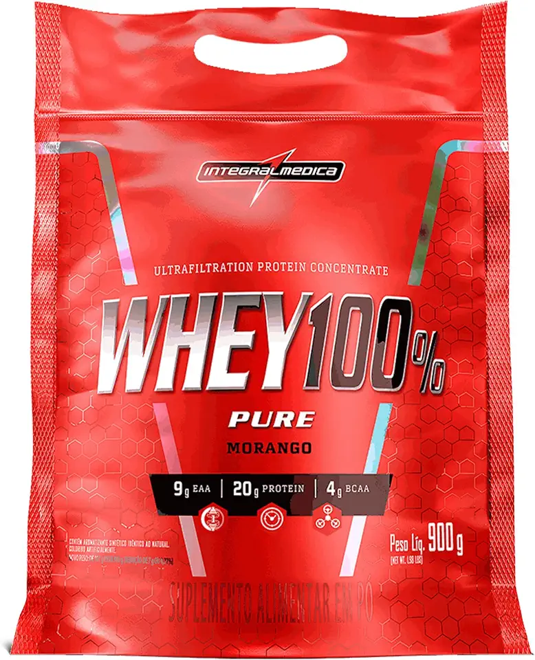 Integralmédica - Whey Protein Concentrado Morango 100% Pure - 21g de Proteína por Scoop, Suplementação Alimentar Pós-Treino, Fórmula Enriquecida com BCAAs - Pouch 900g