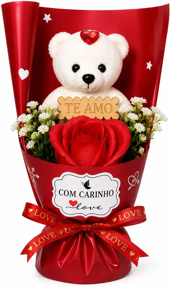 Buquê de Rosa Com Ursinho de Pelúcia em Caixa Transparente Presente Dia dos Namorados e datas Comemorativas (Vermelho Premium)