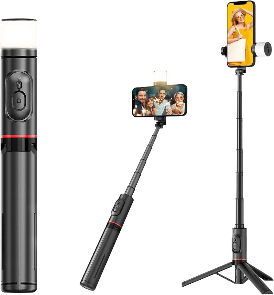 H'MASTON Bastão Pau de Selfie Tripé para Celular com iluminação Bluetooth Controle Remoto Portátil Retrátil para iOS e Android (PRETO)