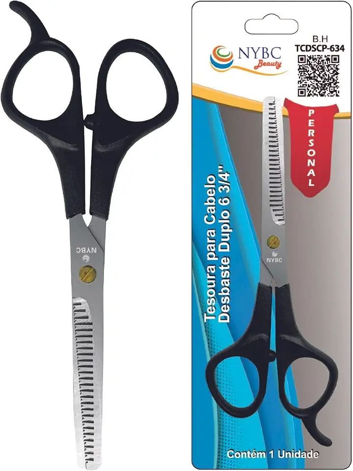 Tesoura Para Cabelo Desbaste Simples NYBC Beauty - 6 3/4" - 175mm, Preta, Leve e Eficiente, Para Uso Doméstico e Profissional